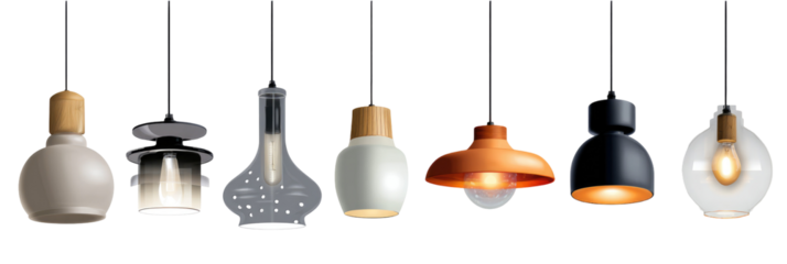 A row of six unique pendant lights hanging against a dark background with various designs and materials