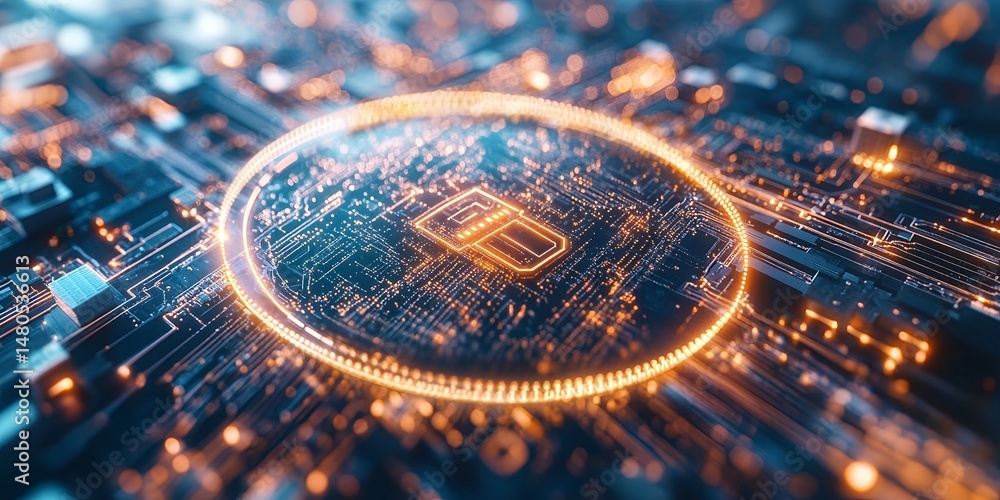 Poster abstract digital circuit board glowing with orange light showcasing a central security lock icon thi