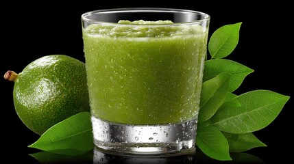 Refreshing avocado smoothie elegantly displayed with whole avocados and leaves on a dark backdrop in a professional studio setting