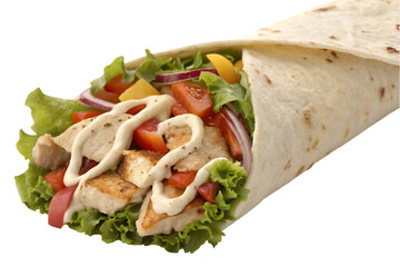 Chicken wrap with fresh vegetables and sauce in a tortilla on white background