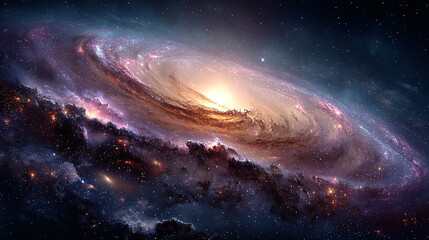 Fototapeta premium A colorful spiral galaxy swirling in the vastness of space, with vibrant hues of blues, purples, and pinks. The dynamic spiral arms of the galaxy create a captivating and energetic cosmic scene, evoki