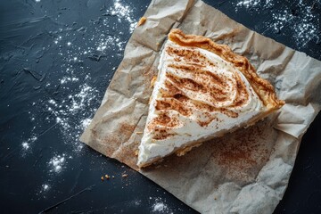 Creamy pie slice with spiced whipped topping on parchment paper