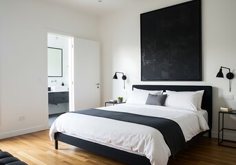 Modern bedroom with black and white decor, featuring a bed and bathroom view