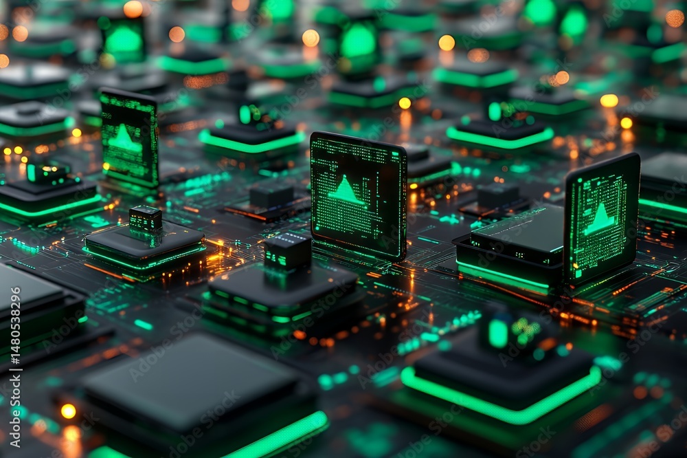 Poster futuristic digital technology abstract background with glowing green circuit boards and data process