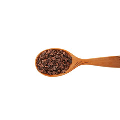 Cocoa nibs in wooden spoon, close-up. Sugar-free product. Natural antidepressant. Design element. Cocoa nibs are usually used to make hot drinks that tastes like hot chocolate