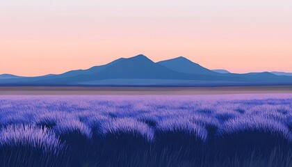 A digital landscape of a purple flower field at sunrise.