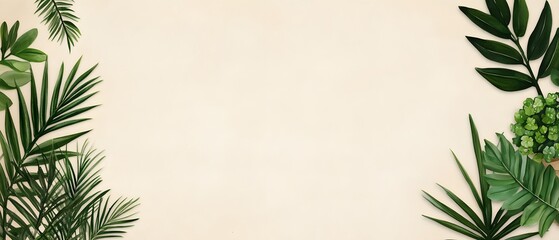 A minimal botanical frame with green tropical leaves on a beige background.