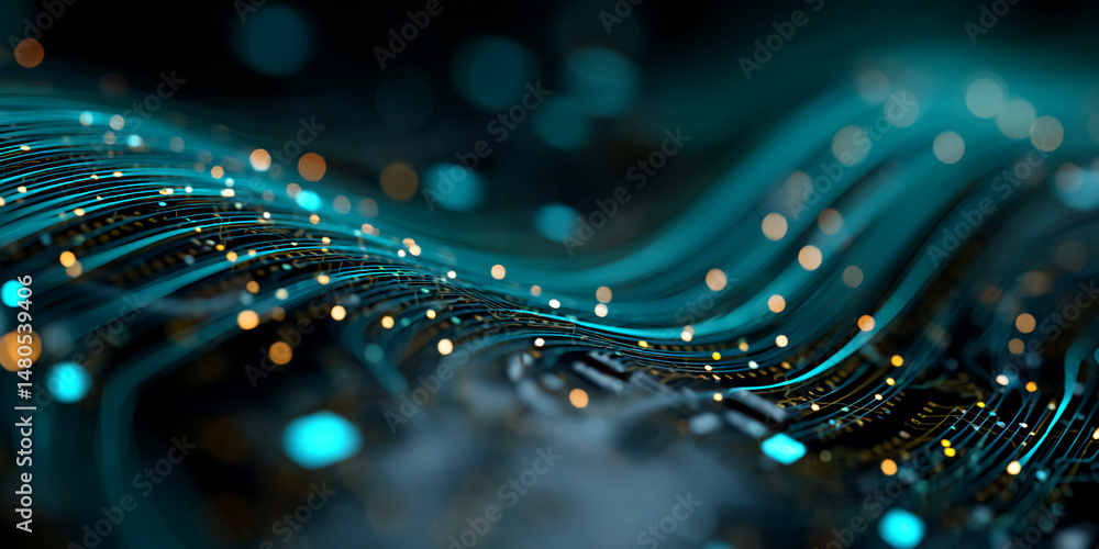 Poster abstract image of flowing teal lines and golden lights, creating a dynamic and technological visual.