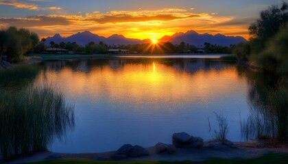 Golden sunset over a tranquil lake and mountains.