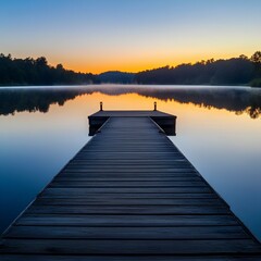 Fototapeta premium Lake at Sunrise with Wooden Dock and Mirror Reflection