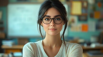 A young woman with glasses smiling in a classroom setting, exuding confidence and intelligence. Perfect for educational themes.