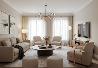 Elegant living room with sofa, armchairs, and modern chandelier, creating a cozy atmosphere