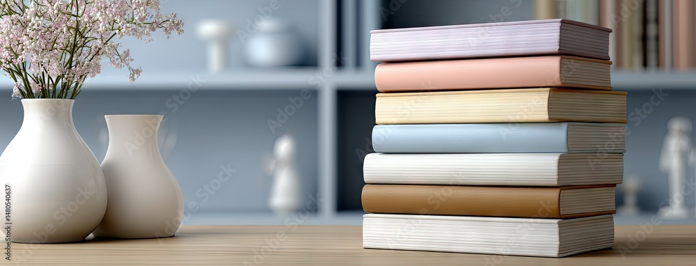 Poster stack of colorful books on a table inviting creativity and inspiration for reading and writing in a 