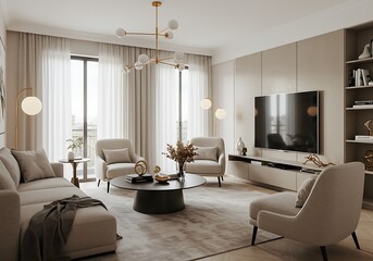 Elegant living room interior with modern furniture and neutral color palette
