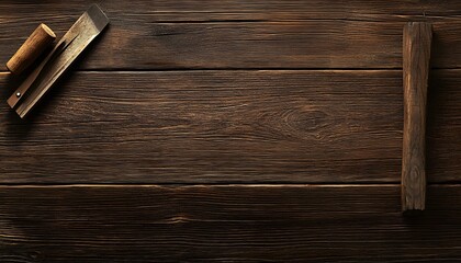 Wooden workbench surface with tools and plank.