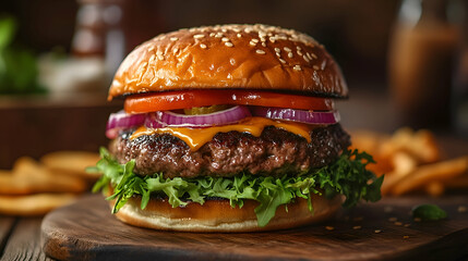 Close-up view of a delicious cheeseburger with fries.