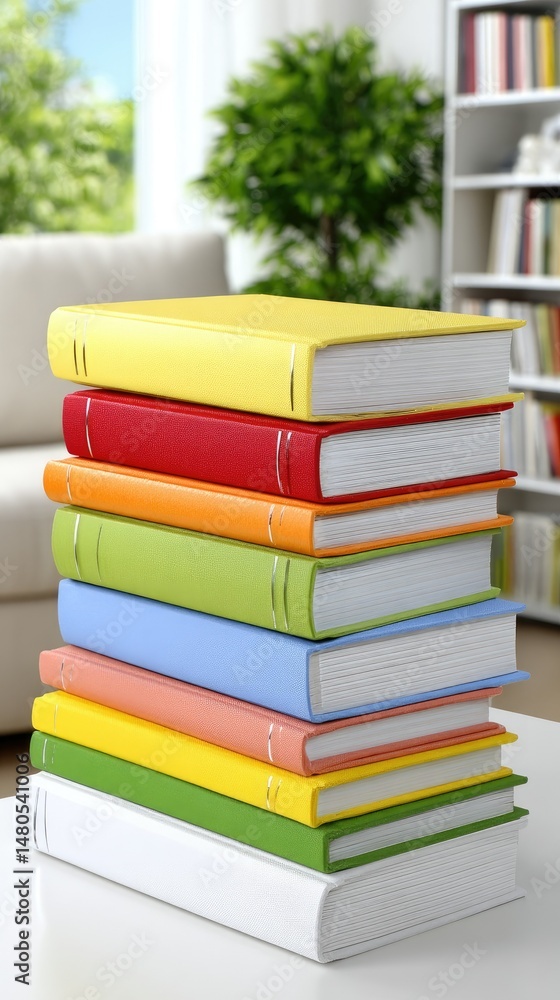 Poster stack of colorful books on a table inviting creativity and inspiration for reading and writing in a 