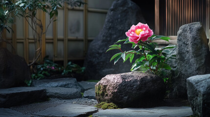 Pink peony blooming between mossy rocks in peaceful Japanese garden with soft light