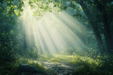 Obraz premium Photorealistic forest with sunbeams breaking through fresh green leaves