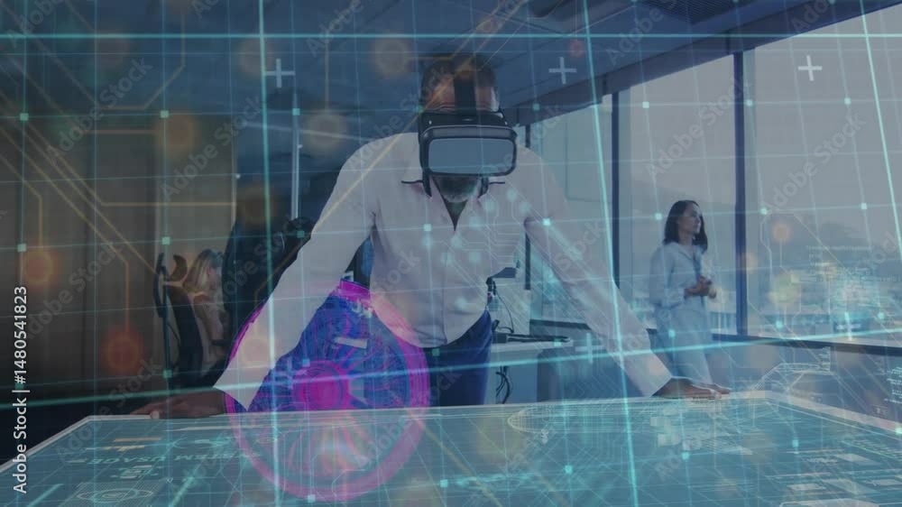 Poster business user using vr headset over office touchscreen table, displaying tech grid animation