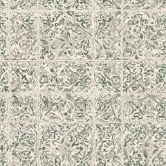 Elegant Floral Moroccan Tiles Ivory and Sage Green Mosaic Pattern