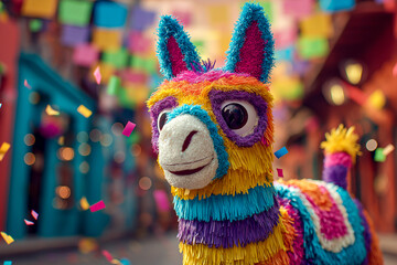 Obraz premium Festive llama pi?ata, colorful and joyful, amidst a backdrop of celebration with vibrant colors and falling confetti. Party time!