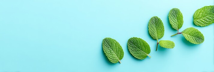 Fresh Mint Leaves on Blue Background - Close up of several vibrant green mint leaves arranged on a light blue background. Perfect for health, wellness, or culinary themes