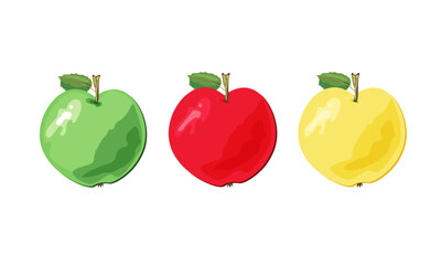 Set of three ripe apples. Red, yellow, green fruits. Textured, stylized, isolated on white background. Fashionable art design of juicy fruits. Clipart for different designs, packaging. Vector image.