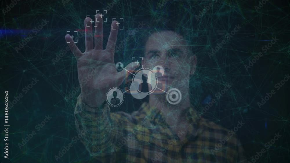Poster man interacting with holographic nodes and plus-sign markers over network grid for technology