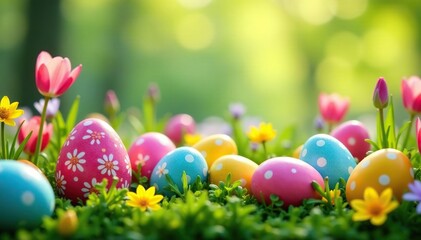 Colorful Easter eggs hidden amongst spring flowers and greenery, celebrating the holiday , outdoor, pastel