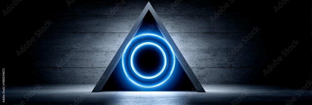 Poster futuristic triangle portal - abstract 3d of a glowing blue circle within a triangular structure, sym