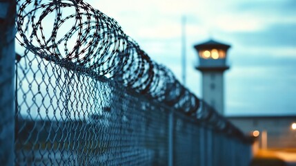 Fototapeta premium Barbed Wire Fence and Guard Tower at Dusk