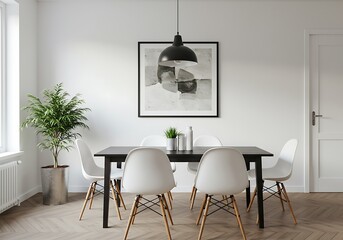 Modern dining room with black table, white chairs and artwork in neutral tones