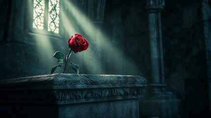 Red rose upright on carved stone altar in gothic light-filled interior