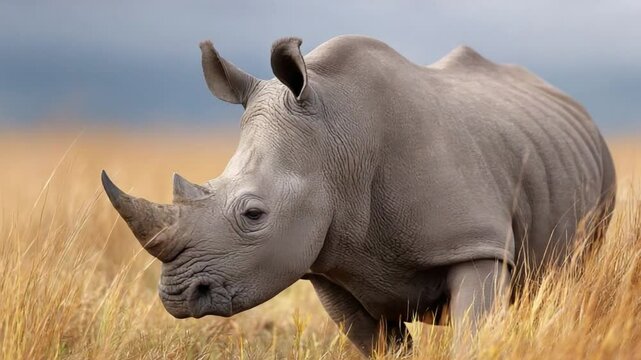 Majestic Rhinoceros in the Savannah: A powerful rhinoceros stands tall amidst the golden grasses of the savanna, a symbol of strength and resilience, capturing the raw beauty of African wildlife.