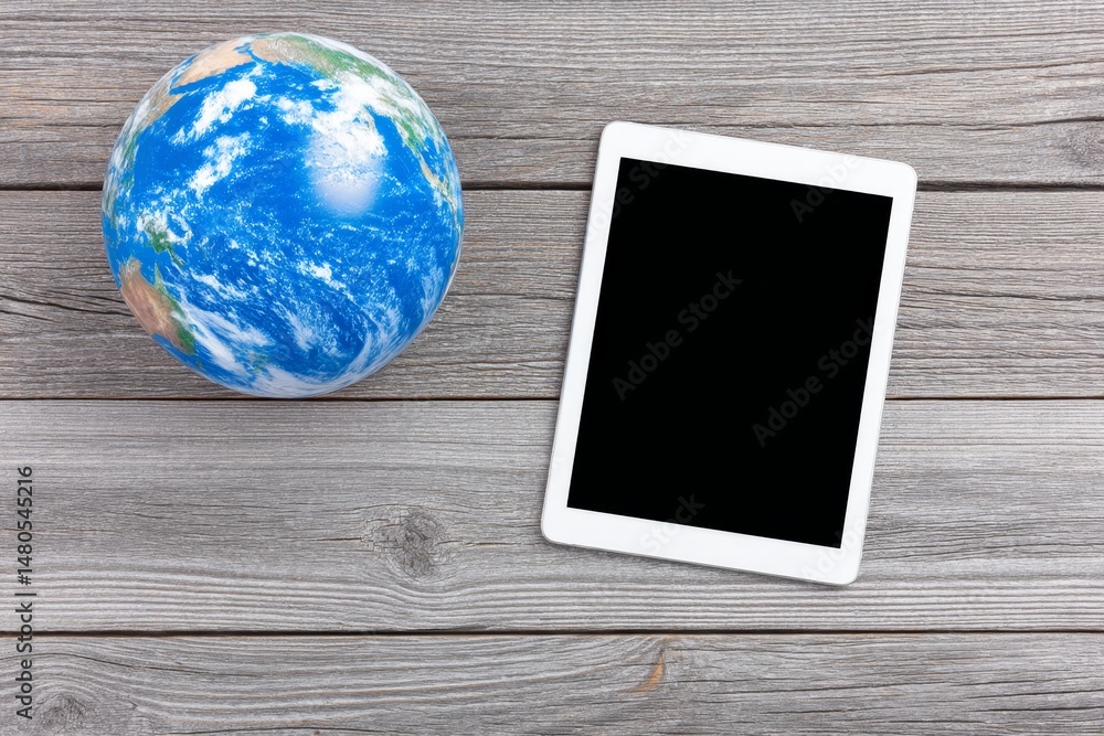 Poster global connection technology - a small globe and tablet lie on a gray wood surface, representing glo
