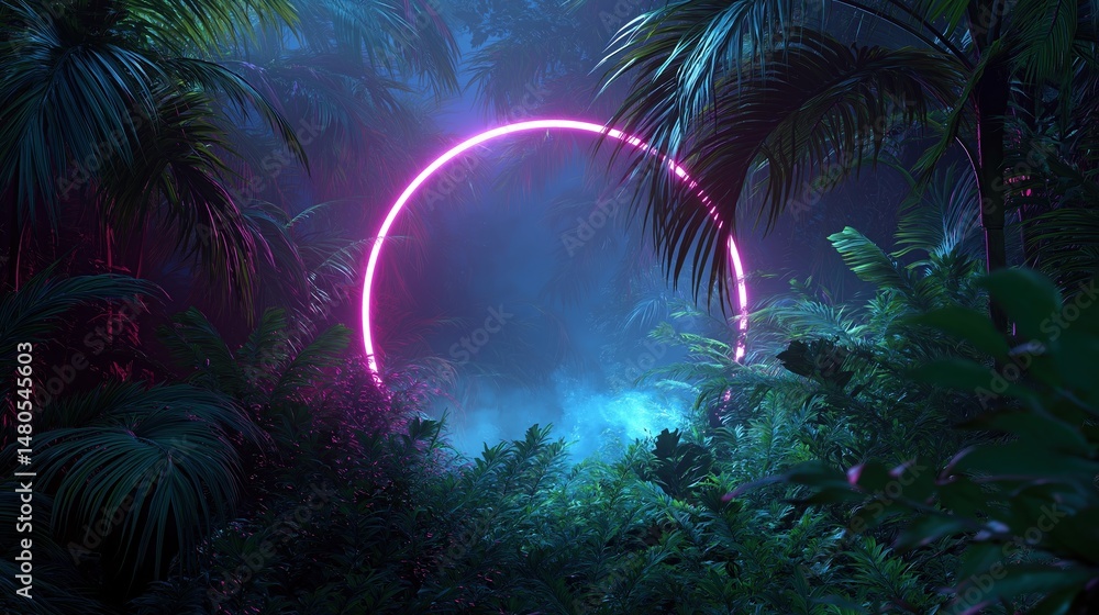 Poster neon circle shape glowing in a tropical jungle at night in 80s synthwave style