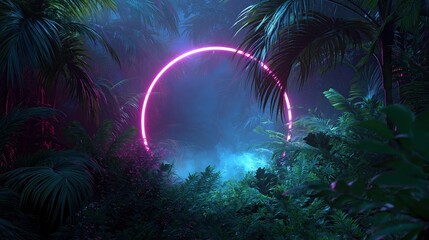 Neon circle shape glowing in a tropical jungle at night in 80s synthwave style