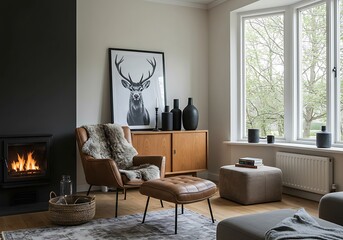 Living room with fireplace, armchair, and deer artwork on the wall