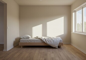 Minimalist bedroom interior with sunlight streaming through window onto bed