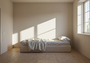 Minimalist bedroom with sunlight streaming through the window, creating shadows