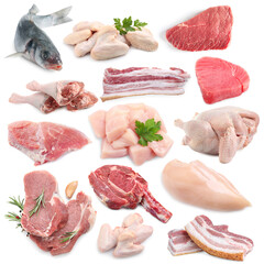 Fish and meat. Different fresh raw products on white background, collage