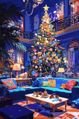 Fototapeta premium Festive interior with large decorated Christmas tree, teal sofas, and eclectic decor