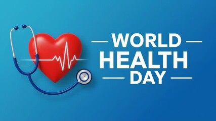 Animated heartbeat and stethoscope celebrating world health day on blue background - Powered by Adobe