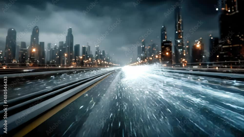Poster futuristic cityscape at night with glowing data streams representing high-speed digital traffic on a