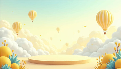 Vector illustration of a blank round podium on a pastel landscape with lemon clouds and hot air balloons floating in the sky, surrounded by stylized plants.
