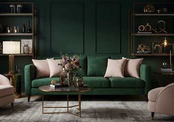 Elegant living room with green sofa, pink pillows and floral arrangement