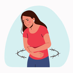 Young ill woman feel pain in stomach  isolated.Barbed wire around the woman. Vector flat style cartoon illustration