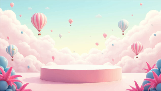 Vector illustration of a blank round podium on a pastel landscape with pink clouds and hot air balloons floating in the sky, surrounded by stylized plants.

