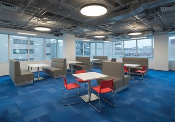 Modern office break room with booth seating and blue carpet, daytime